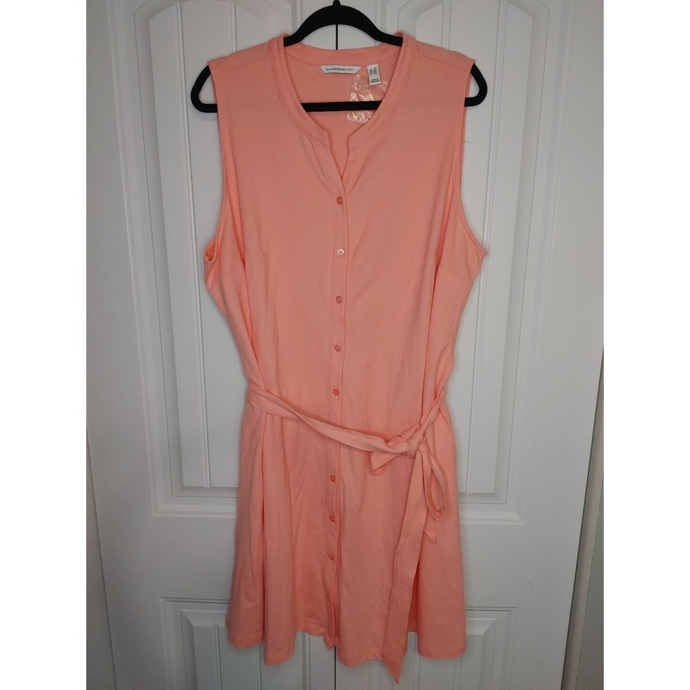 Women's 2X Isaac Mizrahi Pique Peach Sleeveless Shirt Dress Belted Button Down